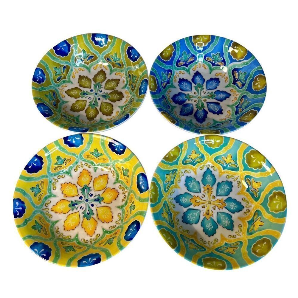 4 LAURIE GATES MOROCCAN BOHO MELAMINE CEREAL SOUP BOWL BLUE YELLOW GREEN 8.75
